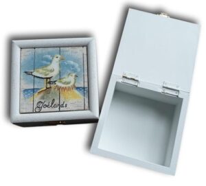 Houten bakje met strand/meeuw afbeelding