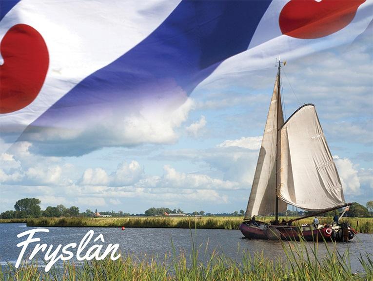 Ansichtkaart Fryslân afbeeldingen reliëf skûtsje vlag